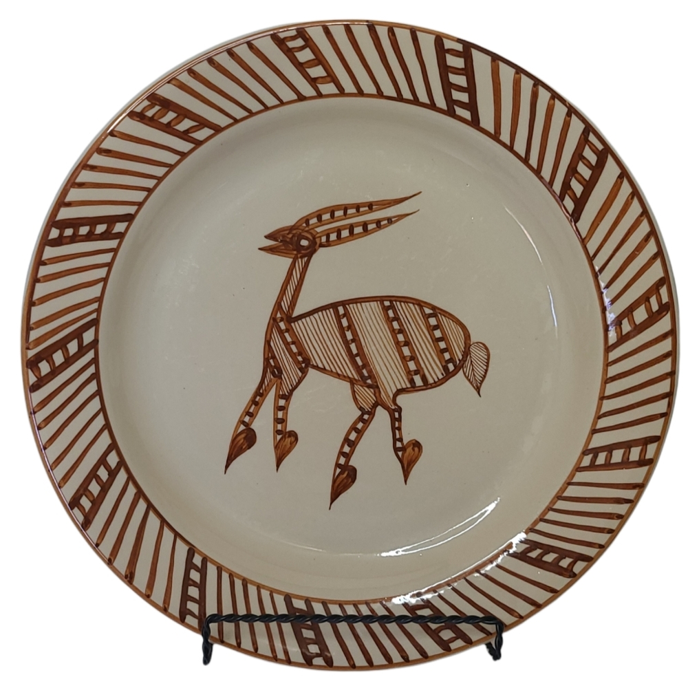 Wynne Noble Signed Pottery Large Dinner Plate‎ Horned Antelope/Deer Rustic